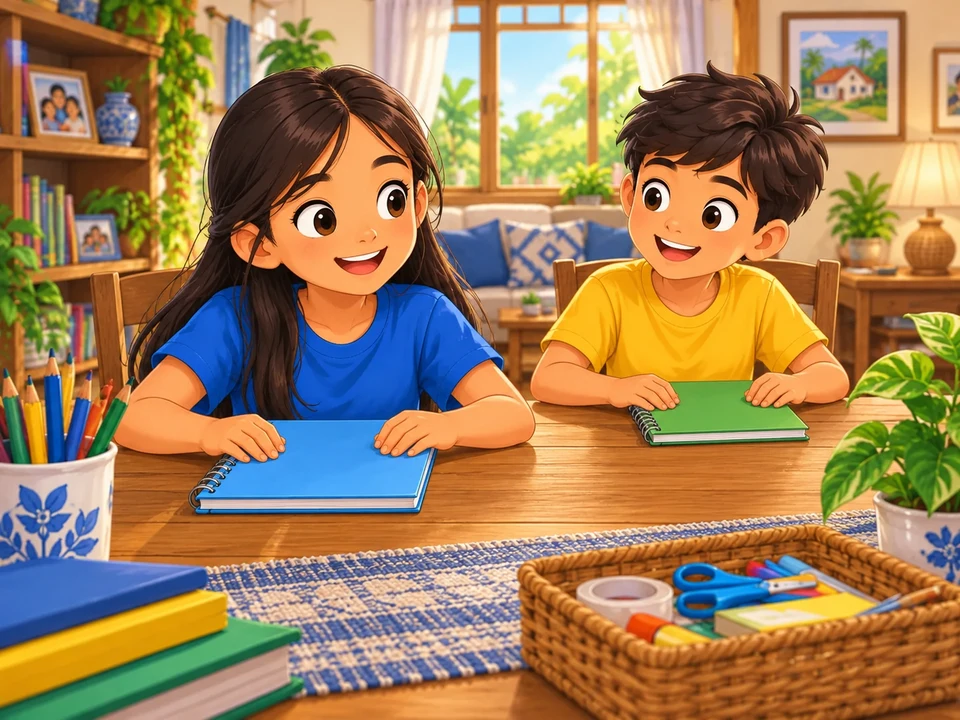 Two Filipino cousins prepare notebooks at a long project table.