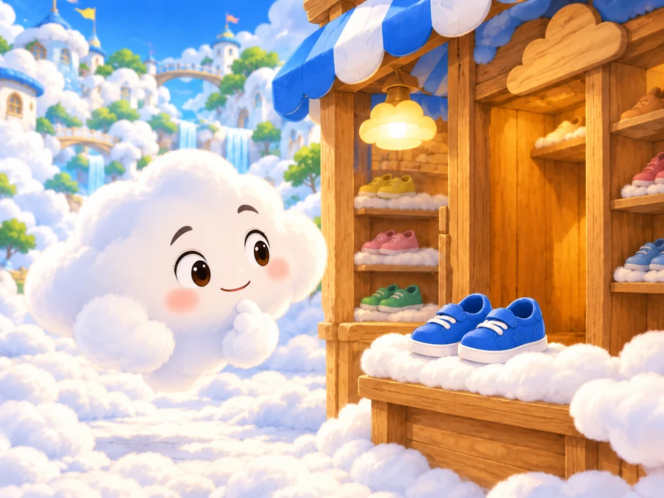 A friendly little cloud considers shoes in a make-believe shop in the sky.