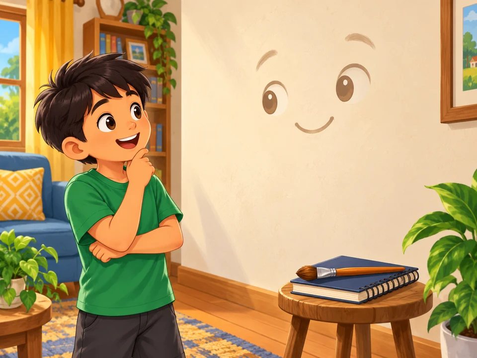 A Filipino child looks at a friendly blank wall in a make-believe home.