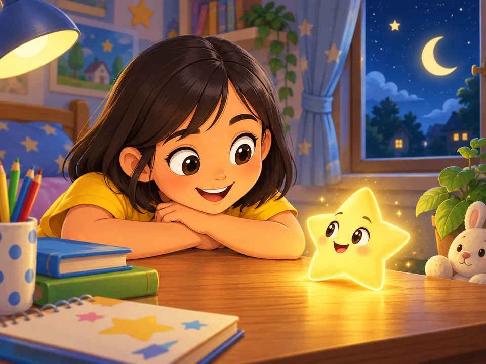 A Filipino girl discovers a friendly little star on her desk in a make-believe room.