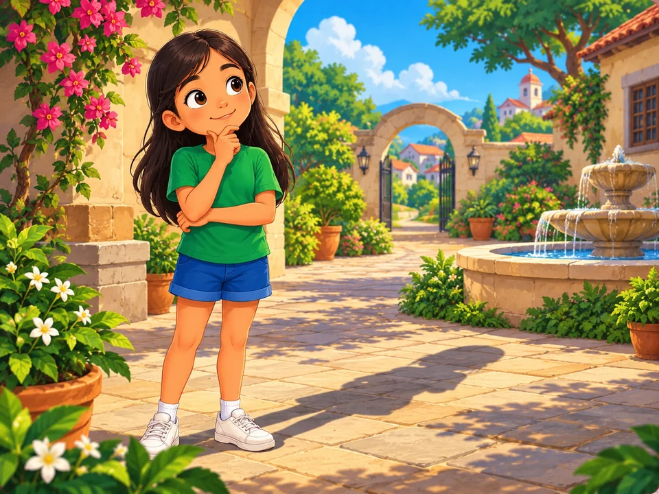 A Filipino girl stands in a sunny courtyard with her ordinary attached shadow.