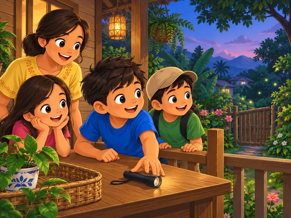 A Filipino boy on a wooden porch with two visiting pals and an aunt; a few distant firefly glints beside a leafy gate. A flashlight rests in his reaching hand.