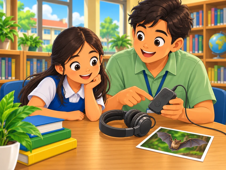 A Filipino girl with a Sir Dan at a school media desk, looking at a small audio device and headphones; a simple bat photo with no text lies on the desk.