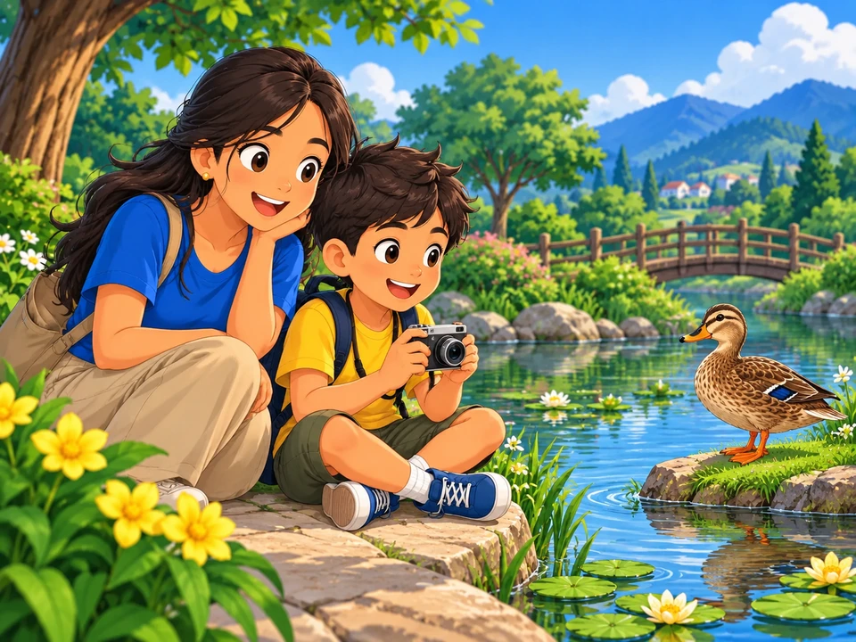 A Filipino boy with a small camera seated on a safe bank path near a pond, aunt beside him, duck in a natural relaxed standing pose across the water.
