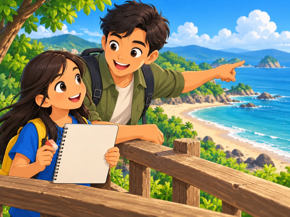 A Filipino girl with sketchbook and eraser at a sturdy seaside viewing rail with her uncle; calm shore and sand in the distance. Show one blank-facing sheet only, no paired outline, dates or tide arrows..