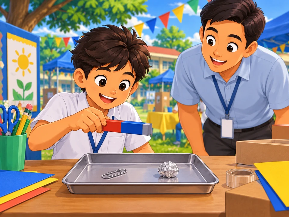 A Filipino boy in a school fair preparation corner with an ordinary large bar magnet above a tray holding a clip and foil ball, Sir Dan approaching. Magnet is separated from all objects; no object jumping, labels, result groupings or audience..