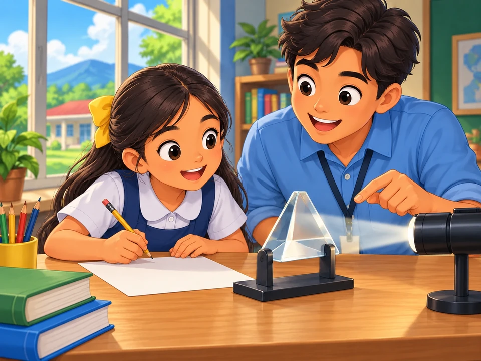 A Filipino girl and Sir Dan at a school table near a window, transparent prism on a stand and plain paper, child poised with pencil. Prism is not casting a visible separated spectrum; no finished outline, diagram or later repeat..
