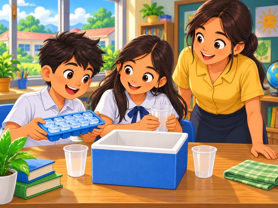 Two Filipino classmates preparing an ice observation at a school table, one thick open box and two empty cups with an ice tray nearby, teacher beside them.