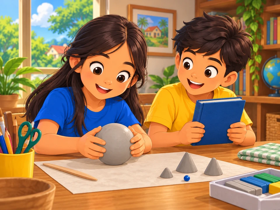 A Filipino girl shaping gray clay at a home craft table, brother holding a closed astronomy book, small cones and a bead lying separately.
