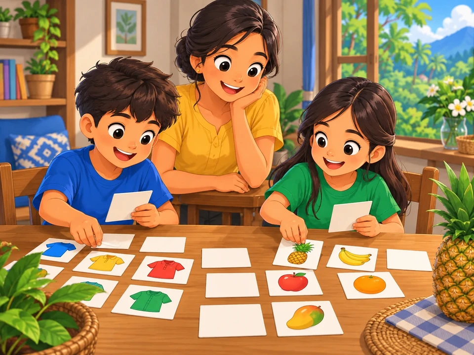 Two Filipino children preparing a school table at a table with separate shirt and fruit photo cards, an aunt watching. Blank-facing cards, pineapple fruit as an ordinary prop.