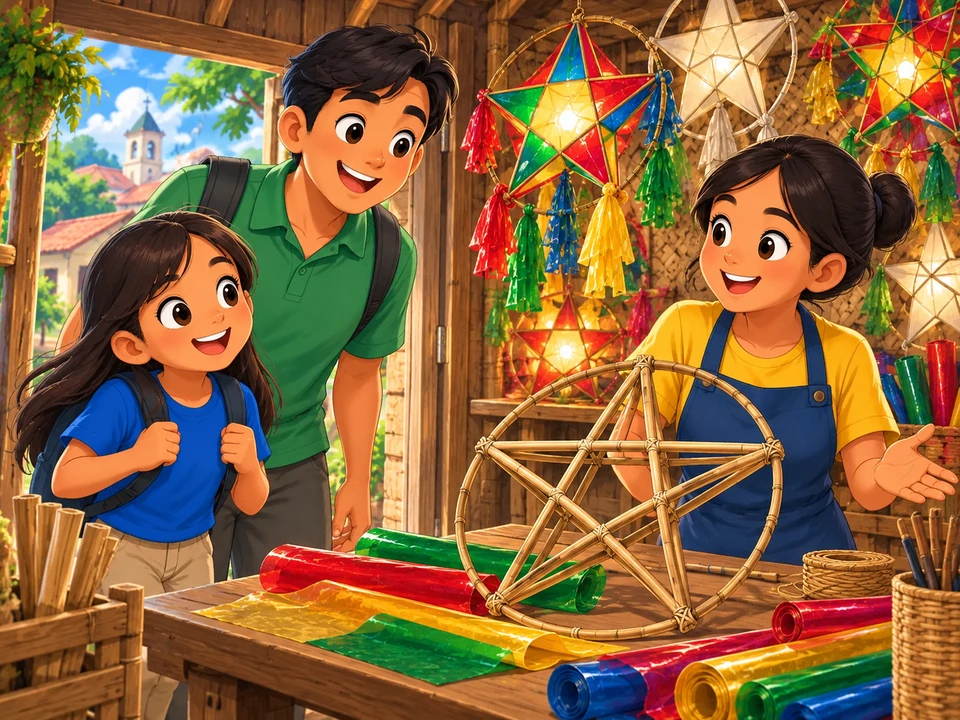 A Filipino girl and father entering a parol workshop, maker beside a worktable with a bare bamboo star frame and separate paper rolls, finished colorful lanterns in the background.