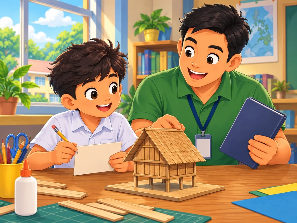 A Filipino boy at a class craft table looking at an unfinished torogan model and blank card, teacher holding a museum booklet. High sweeping roof suggested but interior not visible; no private partitions being removed, paper gathering or finished caption..