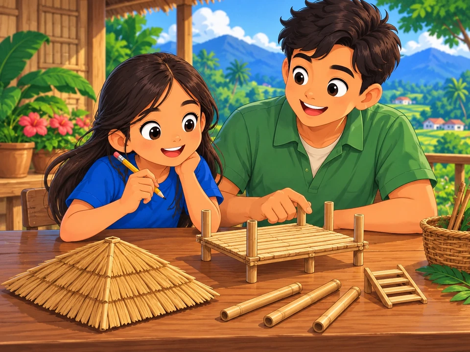 A Filipino girl with pencil and her uncle at a table with a simple unfinished bahay kubo craft model; roof, loose posts and steps laid separately.