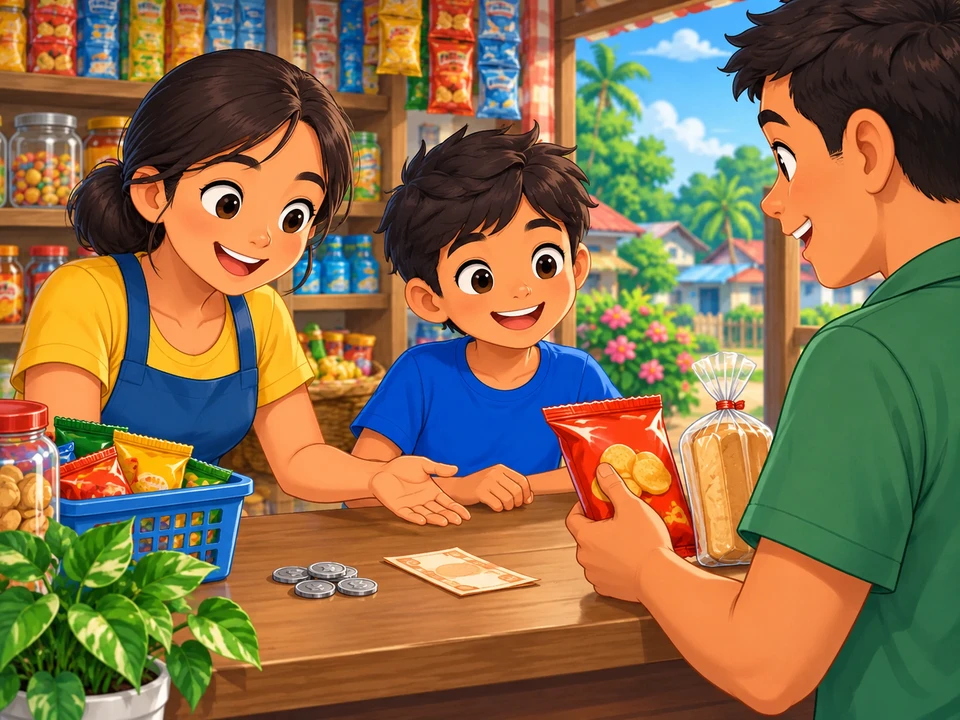 A Filipino boy helping an aunt at a small shop counter, man holding two ordinary wrapped items, coins and blank-facing bill on counter.
