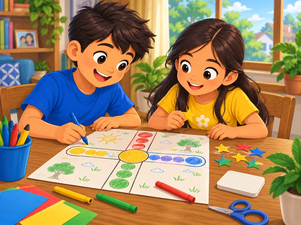 Two Filipino children at a home game table drawing a handmade board with four colored paths, loose paper star counters and a blank card.