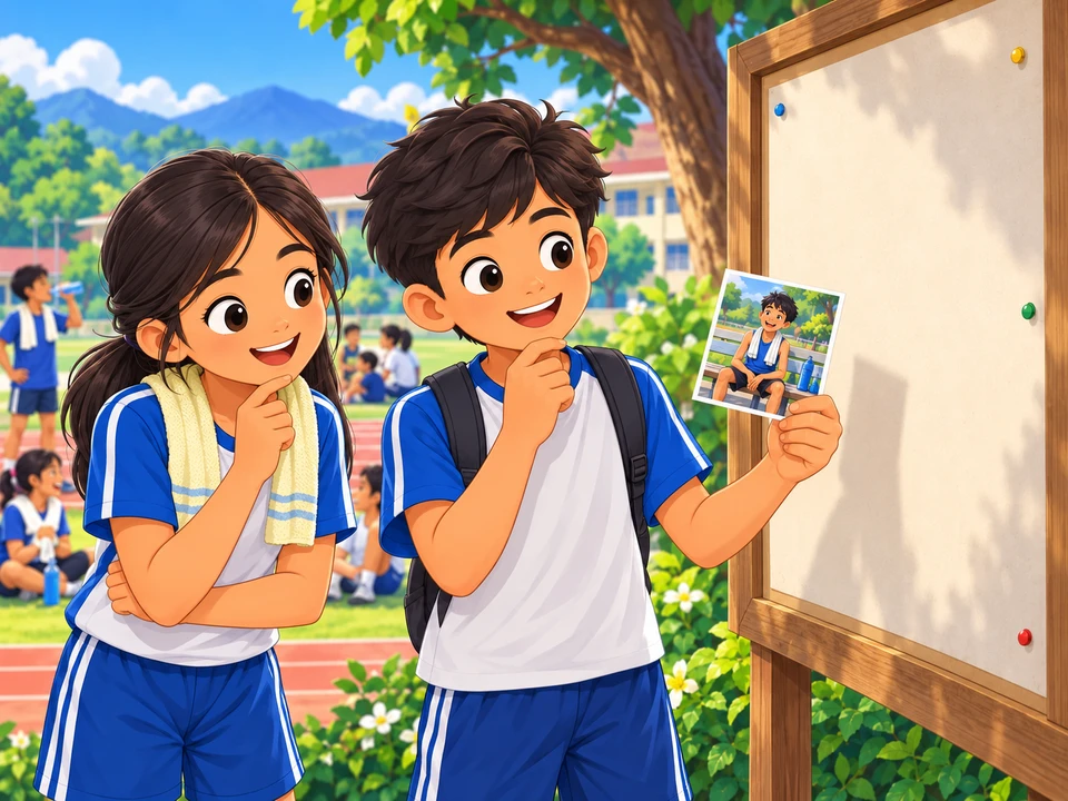 A Filipino boy and pal reviewing a small print beside a school noticeboard after a sports event; runners resting on benches in the distant background. Photo faces viewer only as a neutral picture, no readable result, medal or winner label..