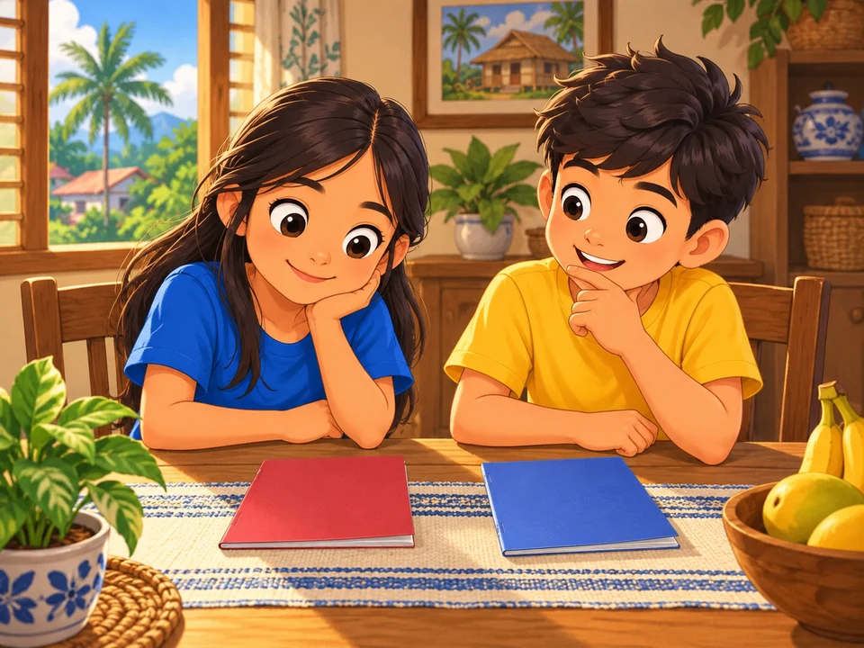 Faye and a friend consider two plain reading booklets at a home table.