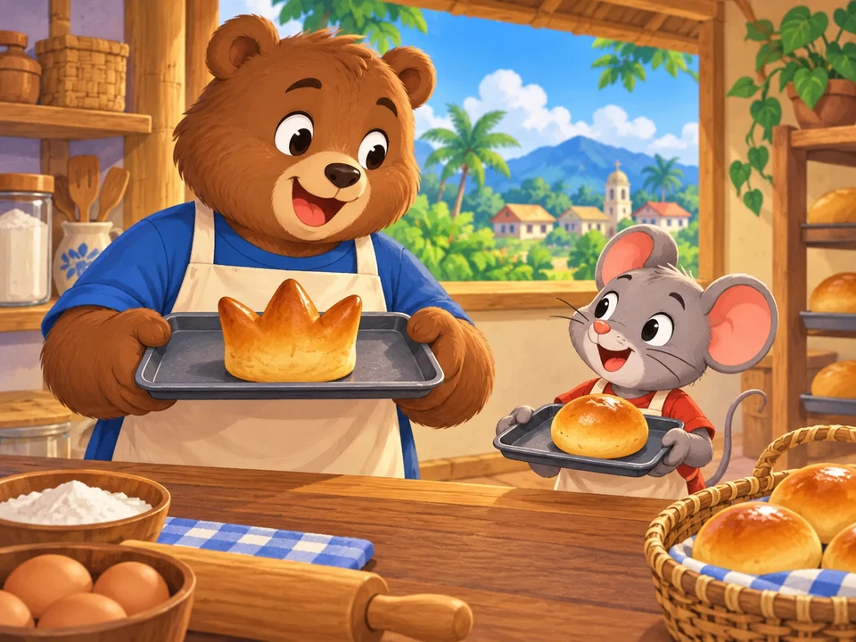 Bear and Mouse bring intact crown-shaped and round buns in a made-up bakery.
