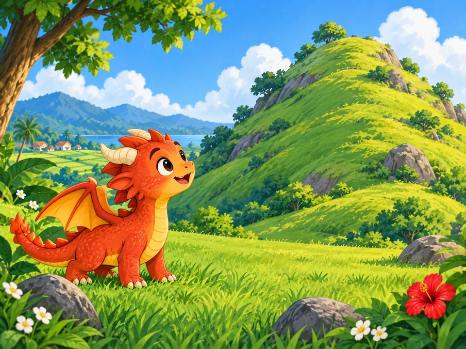 A small friendly dragon looks up at a tall hill in a make-believe landscape.
