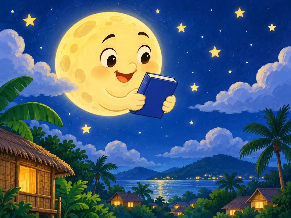 A friendly imaginary Moon holds a closed book among stars.