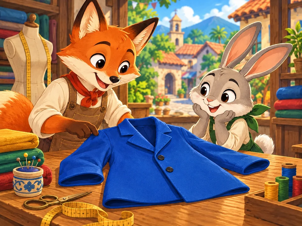 Fox and Hare inspect a plain coat at a magical tailor's workbench.