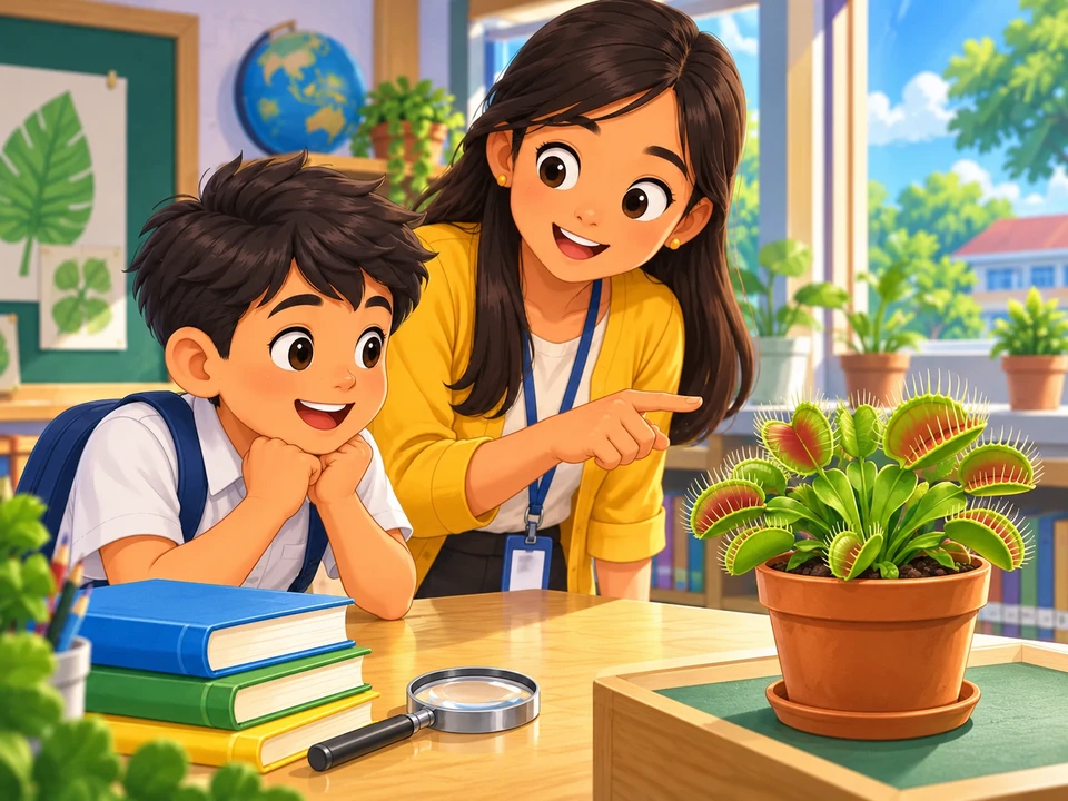 A Filipino child and teacher in a bright classroom looking toward an ordinary potted Venus flytrap on a separate display table, open trap leaves without insects or touching.