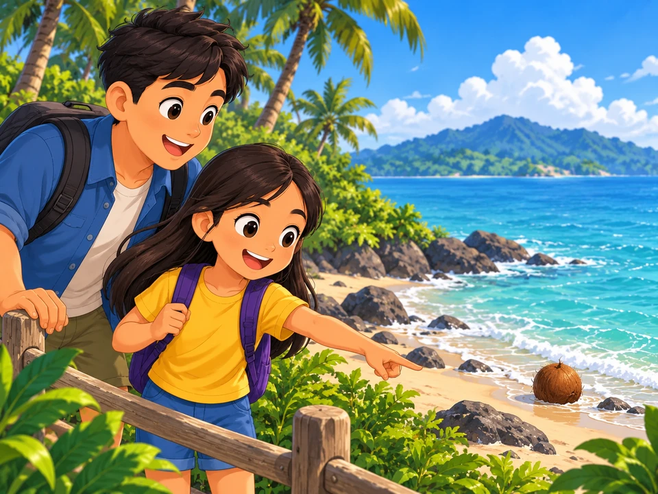 A Filipino girl and an adult viewing a calm tropical shoreline from a safe path, a whole brown coconut near the water edge and coconut trees inland.