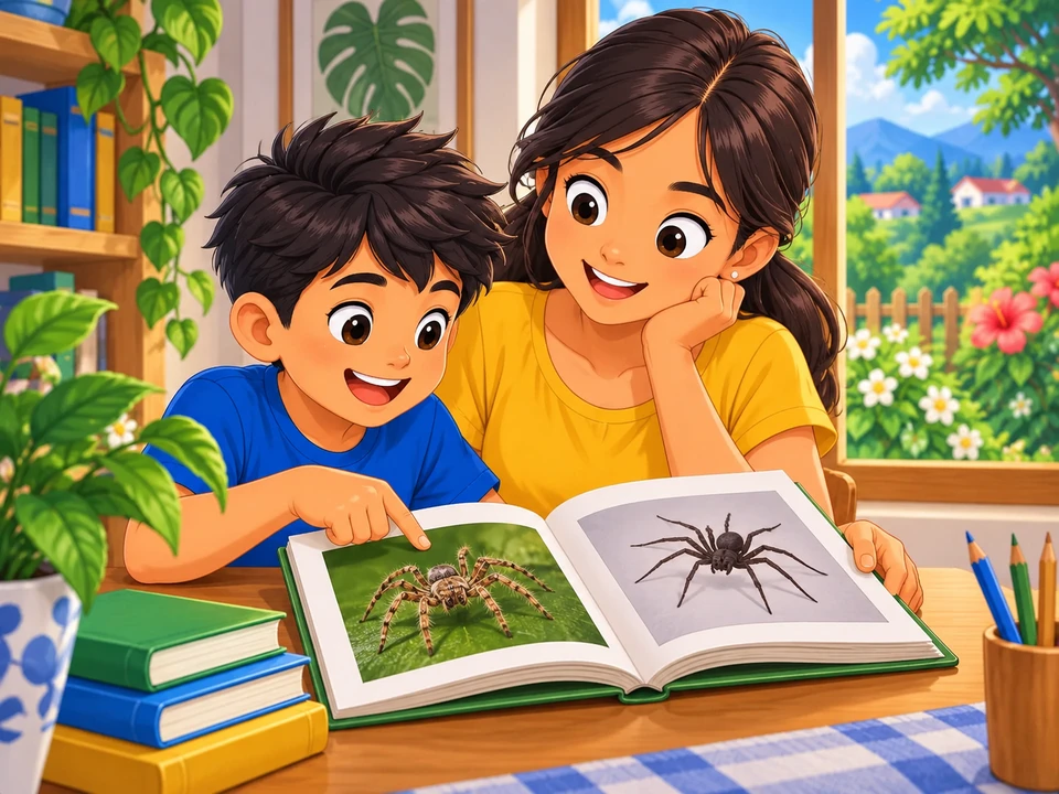 A Filipino child viewing a nature photo book with an adult in a bright room; neutral spider silhouettes on two blank-facing pages, garden through window.