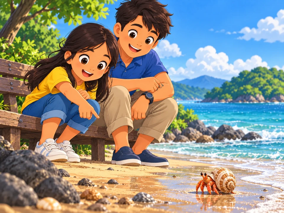 A Filipino child with an adult seated on a safe shore bench looking toward a small hermit crab at a respectful distance on damp sand.