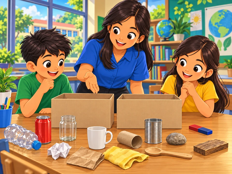 Two Filipino pupils and a teacher prepare to sort discarded household objects at a school table with two plain empty cardboard boxes and an ordinary bar magnet resting aside.
