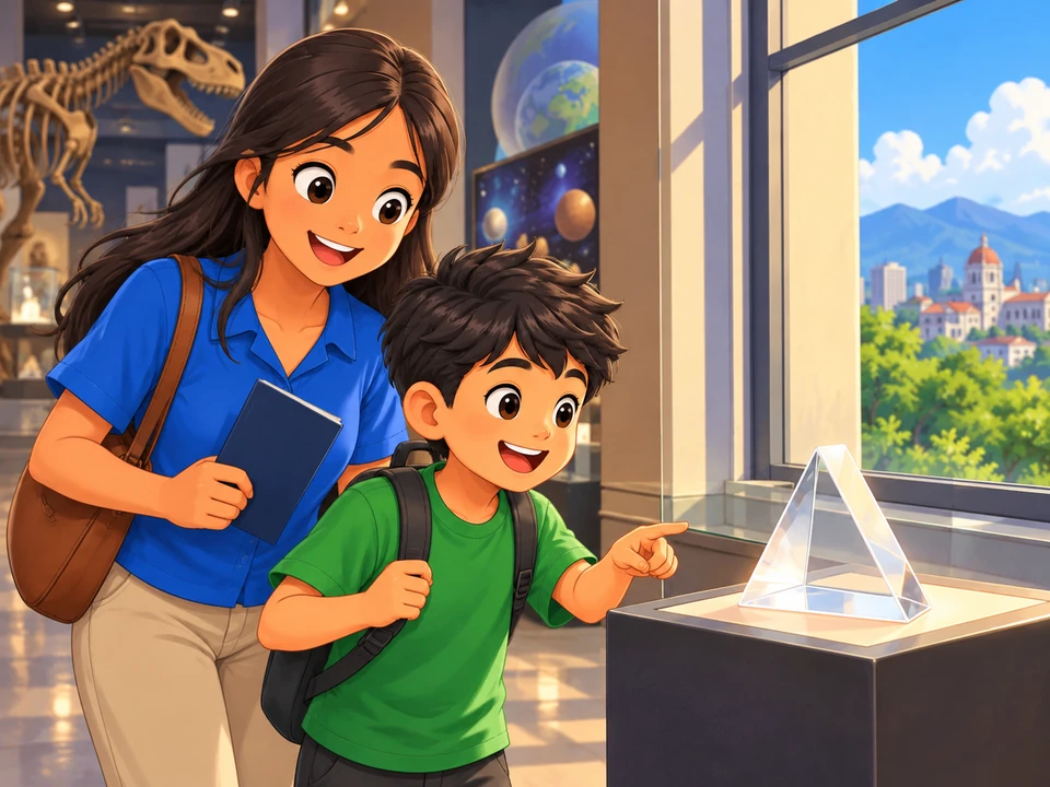 A Filipino child and parent arrive at a museum light display, with a transparent prism on a stand near a window and a plain closed guide booklet.