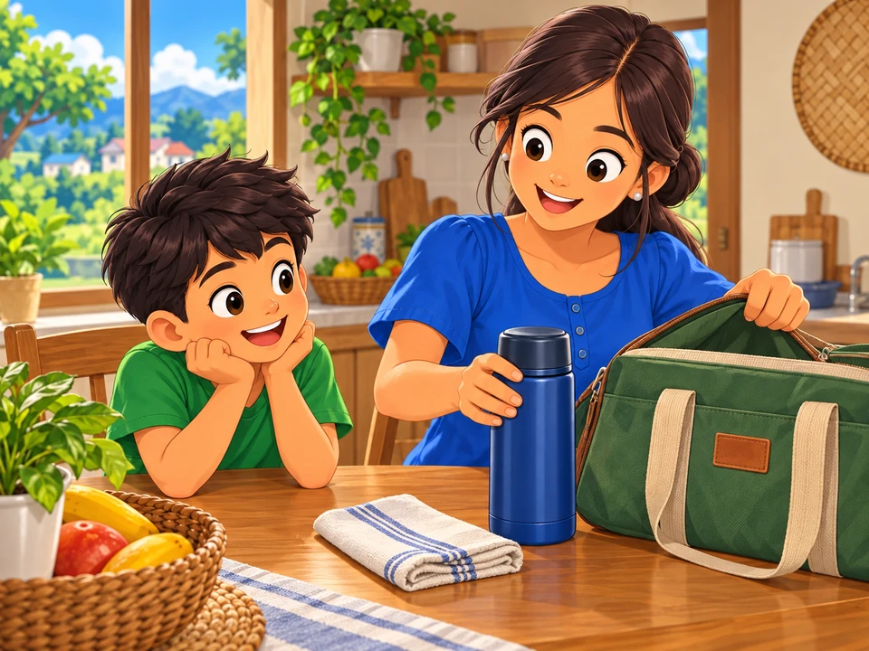 A Filipino child watches an aunt pack a closed soup flask for a day trip on a home kitchen table, folded cloth beside the flask and a picnic bag nearby.