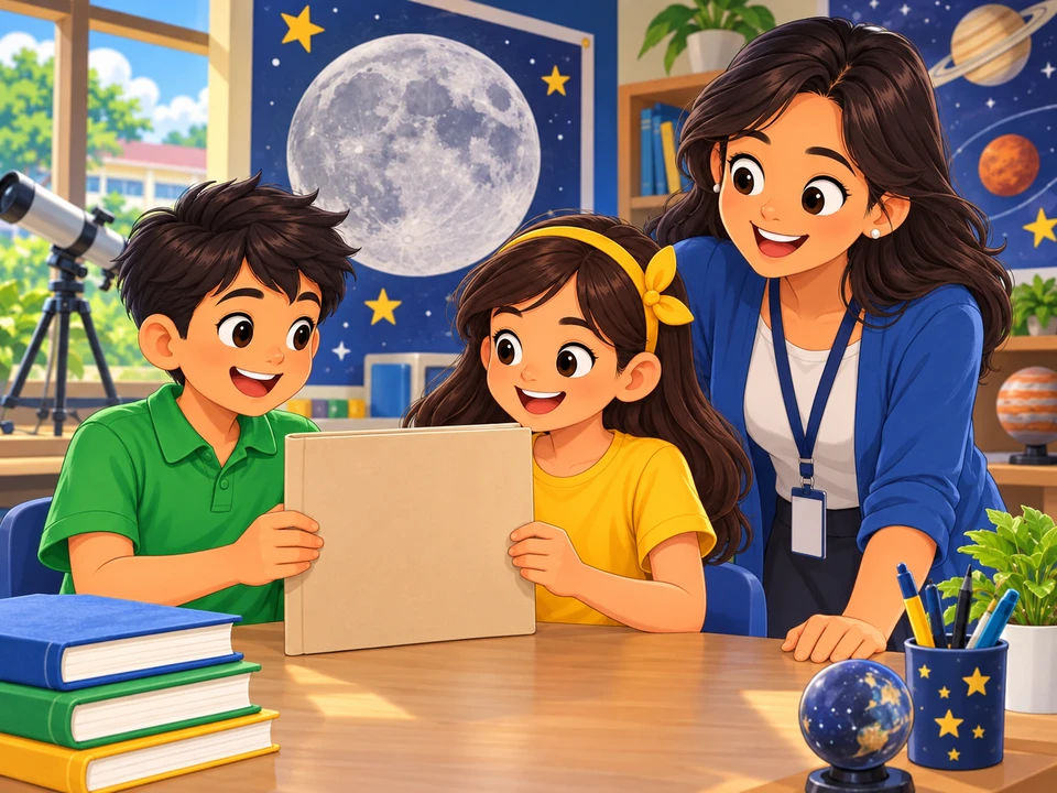 Two Filipino pupils and a teacher prepare a plain closed photograph folder in a school astronomy corner, with a Moon poster in the background.