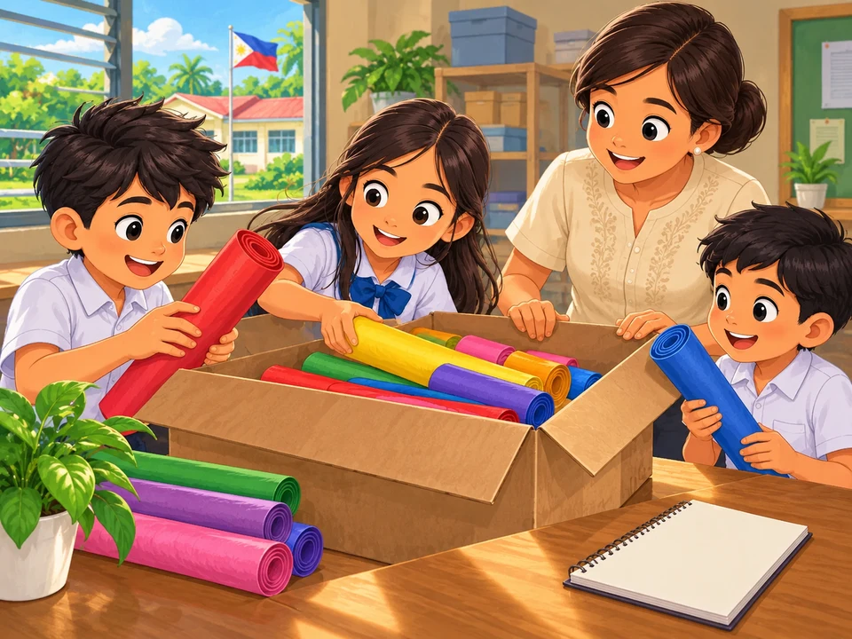 School volunteers receive paper rolls for a craft activity.