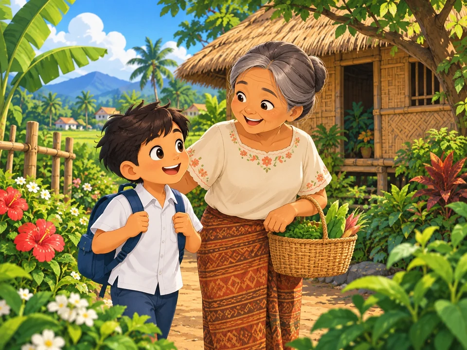 A child and grandmother arrive outside a bahay kubo.