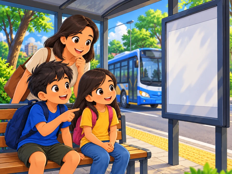 Two Filipino children with a parent seated at a safe bus-stop shelter, looking at a blank-faced timetable board. A bus in background; no readable times, weekday columns or marked correct choice..