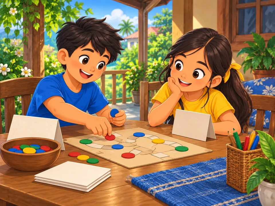 Two Filipino children playing an invented tabletop game with plain tokens and paper score sheets turned away from viewer.