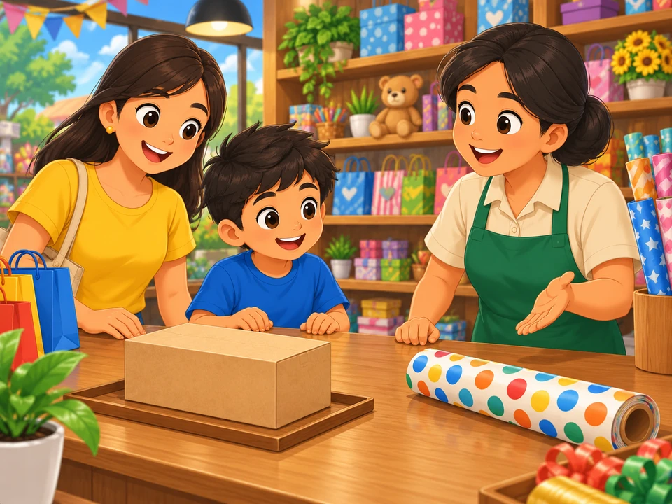 A Filipino child and parent at a small gift shop counter with a plain small gift and a separate roll of colorful wrapping paper, shopkeeper nearby.