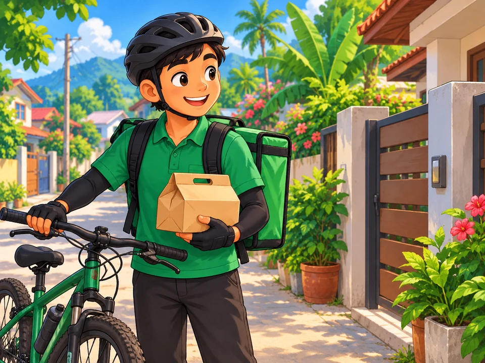 A food delivery worker prepares a closed parcel beside a parked bicycle.