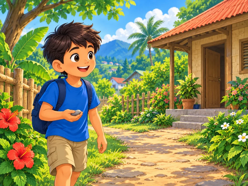 A child holds a smooth stone at the start of a path toward home.