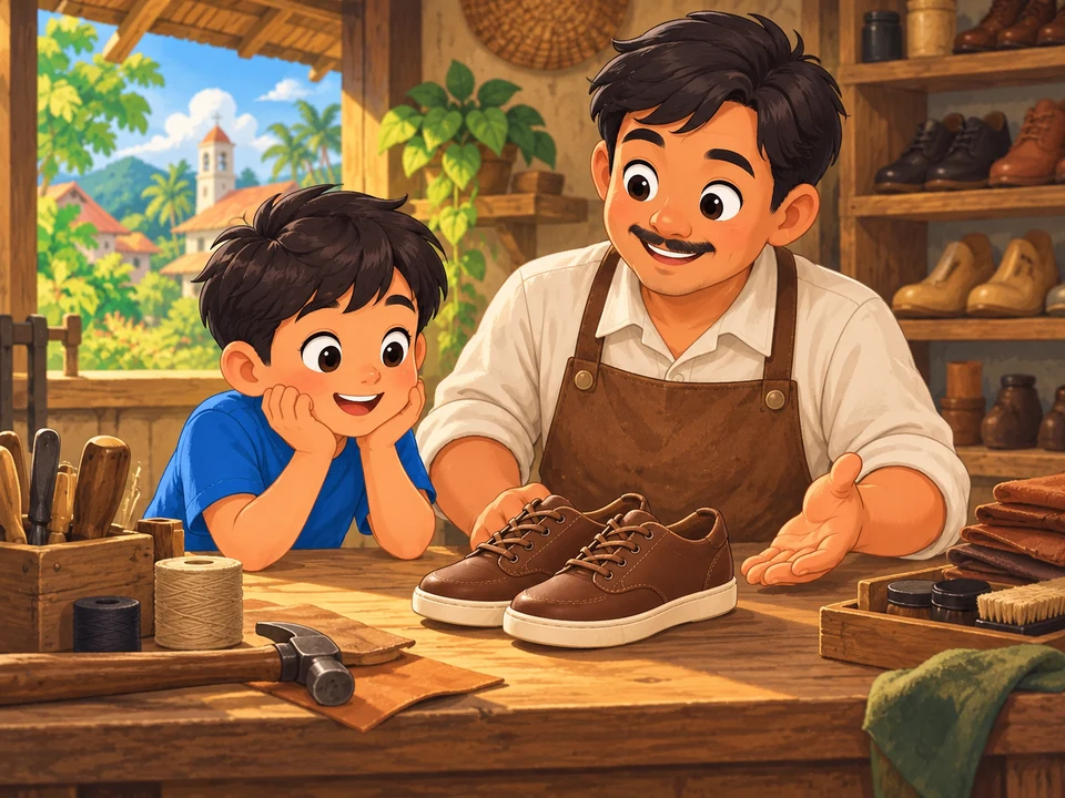 A shoemaker and a child consider a pair of new shoes in an imaginary workshop.