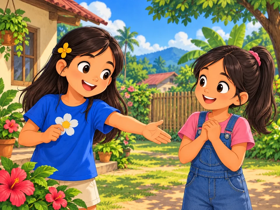 Mina and her friend stand together in a sunny yard before choosing a game.