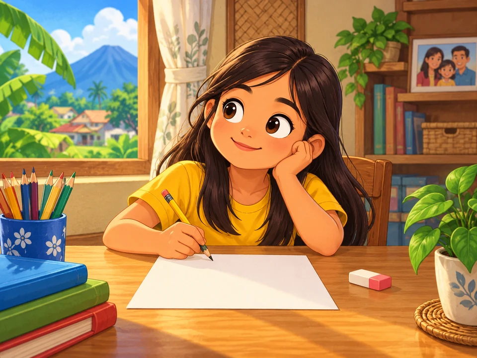 A child sits at a desk with blank paper and an eraser in a made-up story.