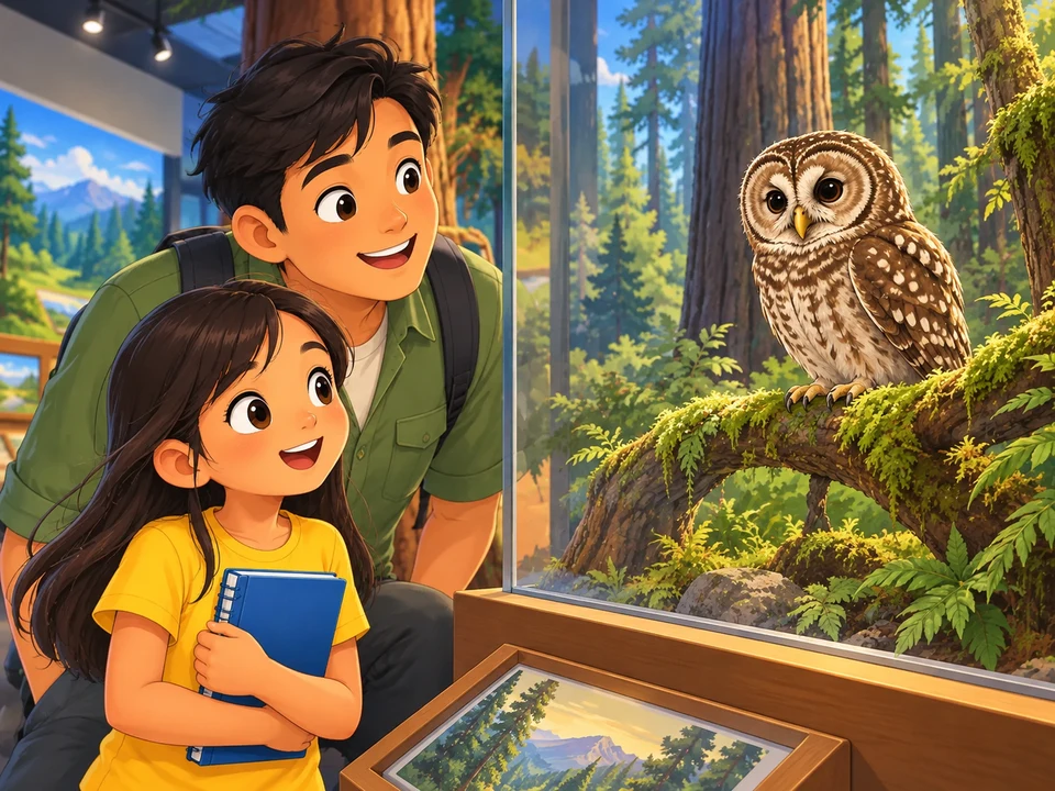 a girl and father look at an owl museum display