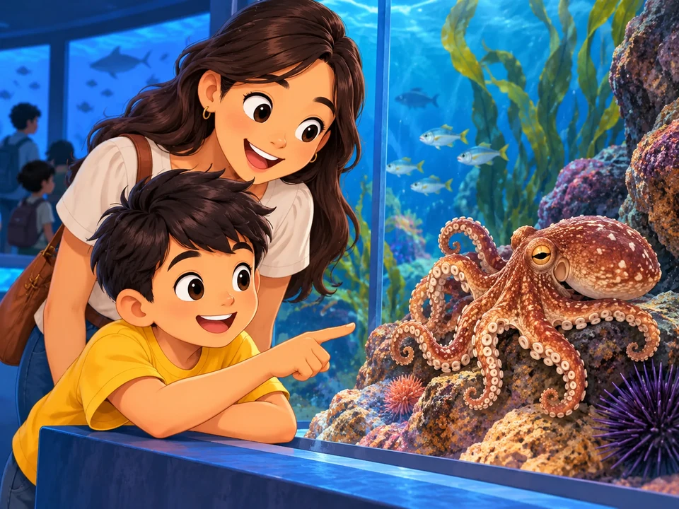 one octopus near rocks behind aquarium glass with a boy and aunt. 