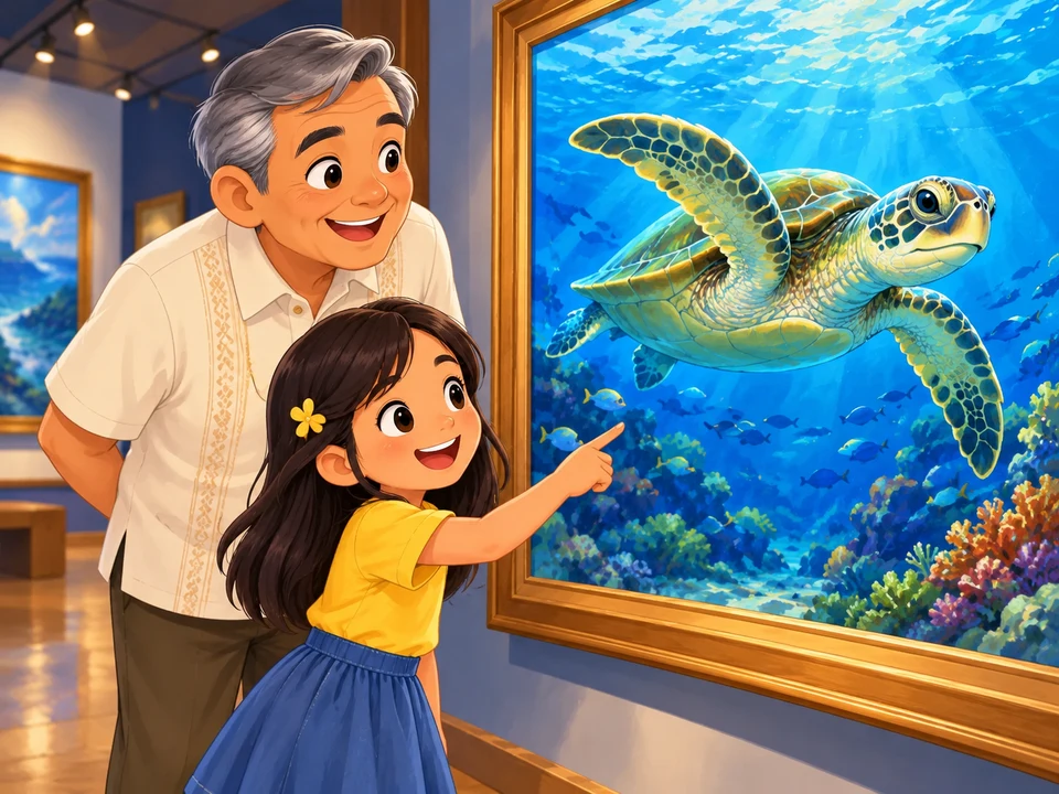 girl and grandfather look at an ocean painting of a swimming turtle. 