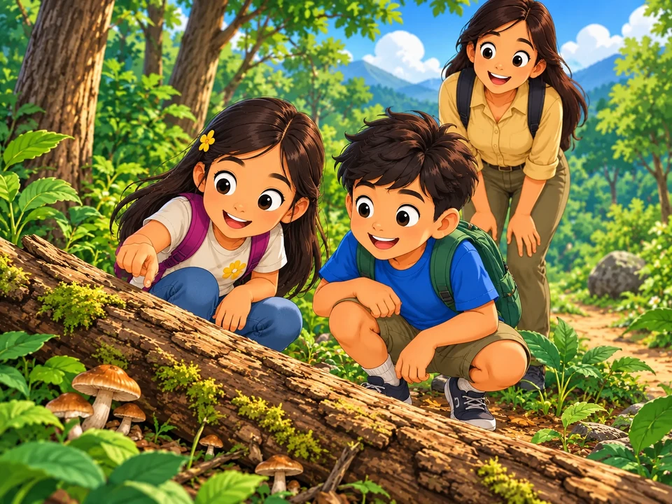 children and adult view a log and mushrooms without picking or tasting. 