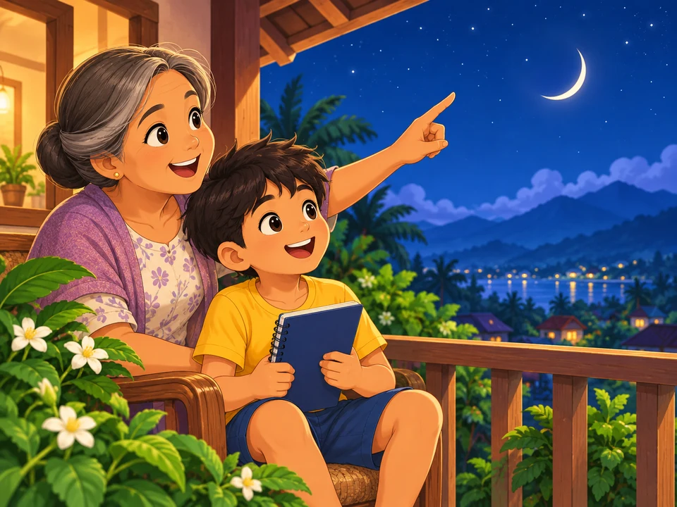 boy and grandmother view one crescent from a veranda