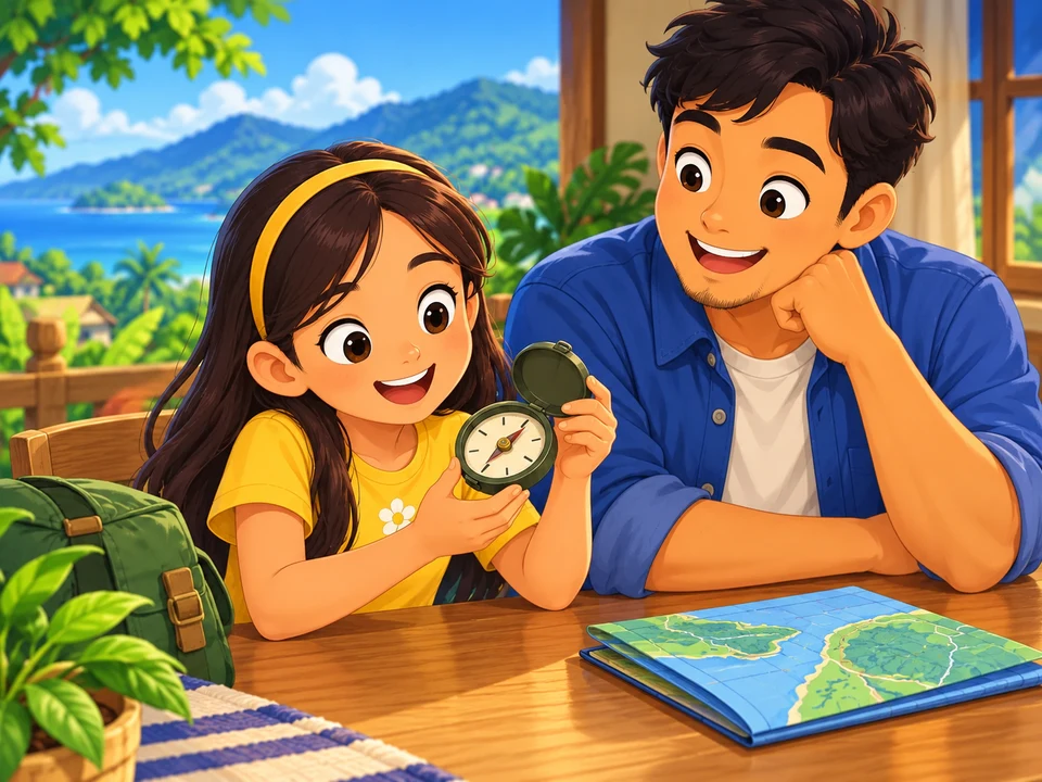 girl and father with ordinary compass and folded map