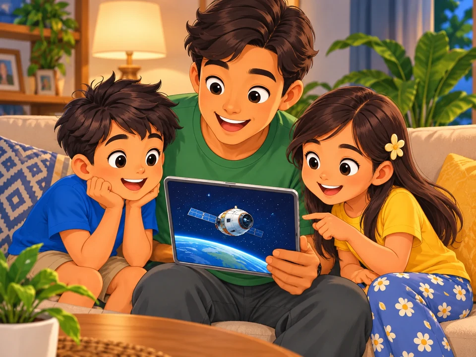 children and uncle watch a tablet showing one spacecraft above Earth. 